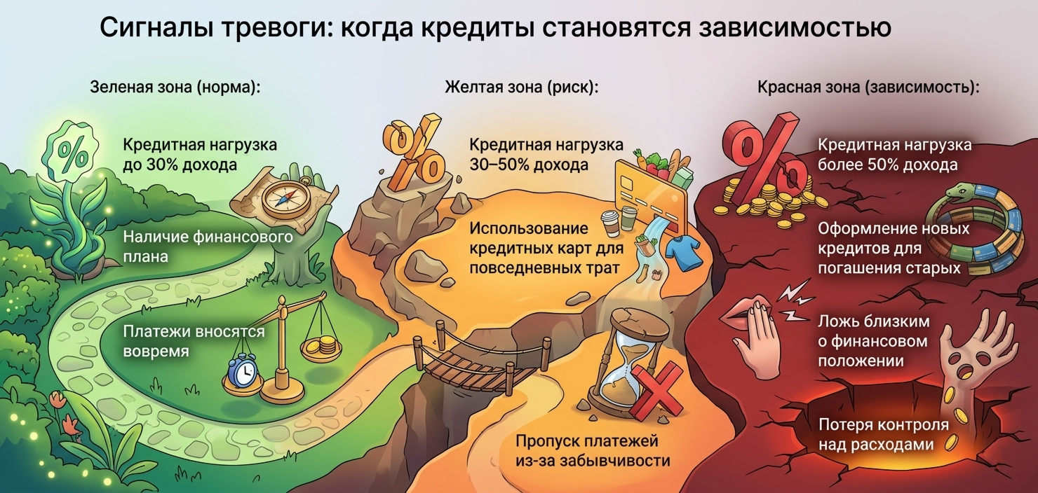 Инфографика трёх зон кредитной нагрузки: норма, риск и зависимость — для услуги лечения зависимости от кредитов.